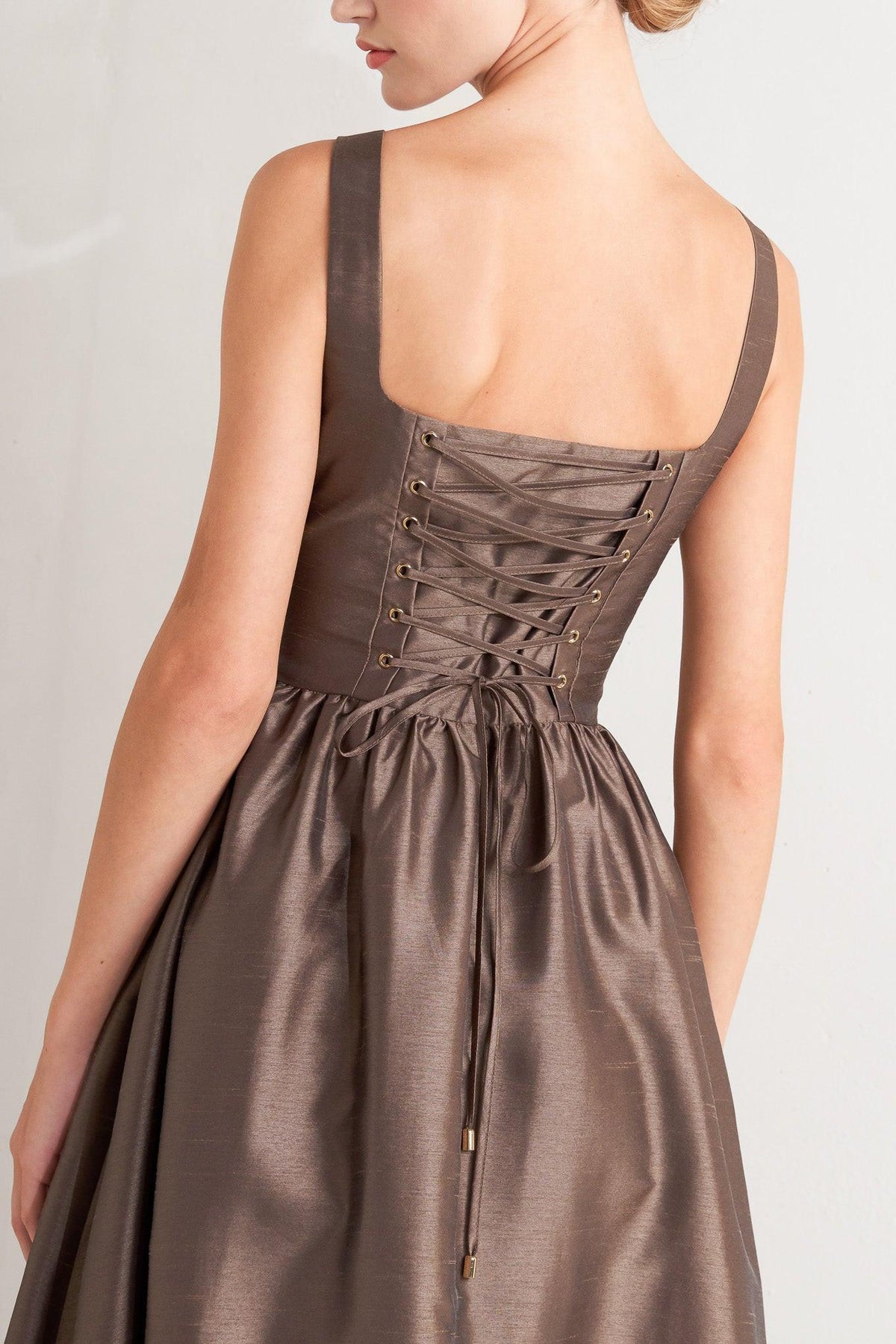Flying Tomato Café Luster woven midi dress in brown, flowing fabric with a stylish, relaxed silhouette.