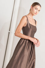 Flying Tomato CAFÉ LUSTER woven midi dress in brown, featuring a stylish, flowing fabric and a comfortable, elegant fit.
