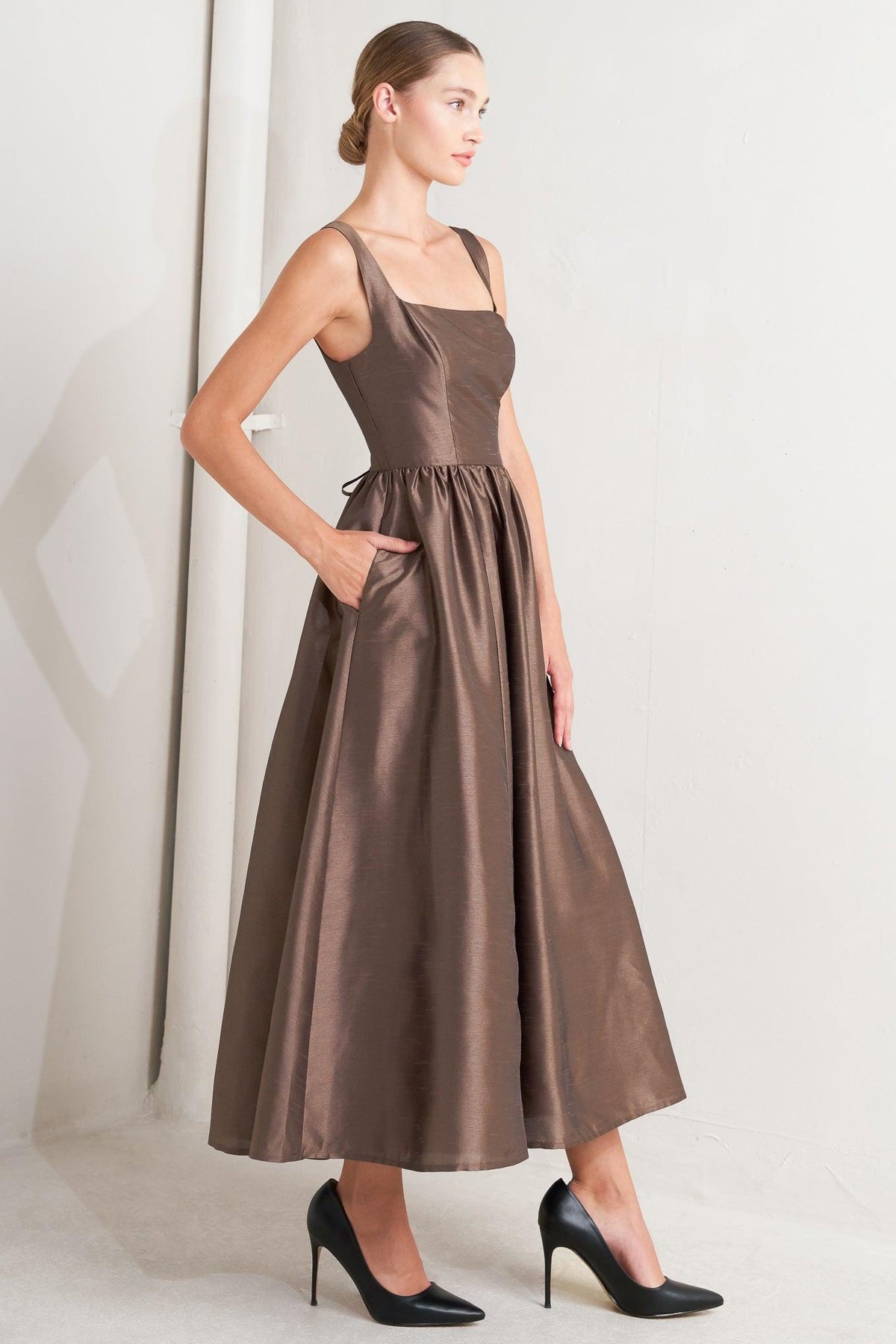 Brown woven midi dress from Flying Tomato's Café Luster collection, featuring a stylish, flowy design and comfortable fit.