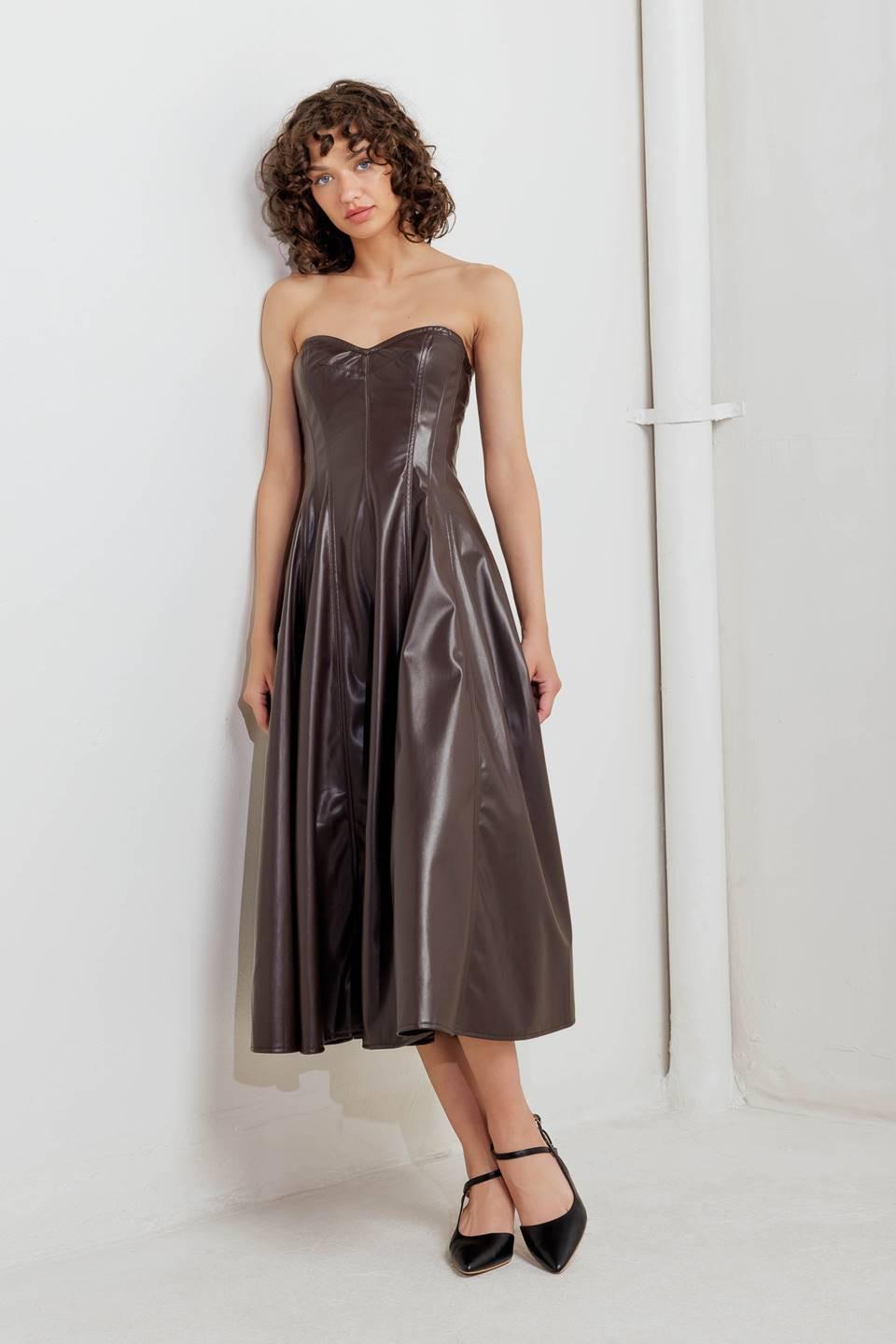 Chocolate brown faux leather midi dress by Flying Tomato, with fitted silhouette and stylish design.