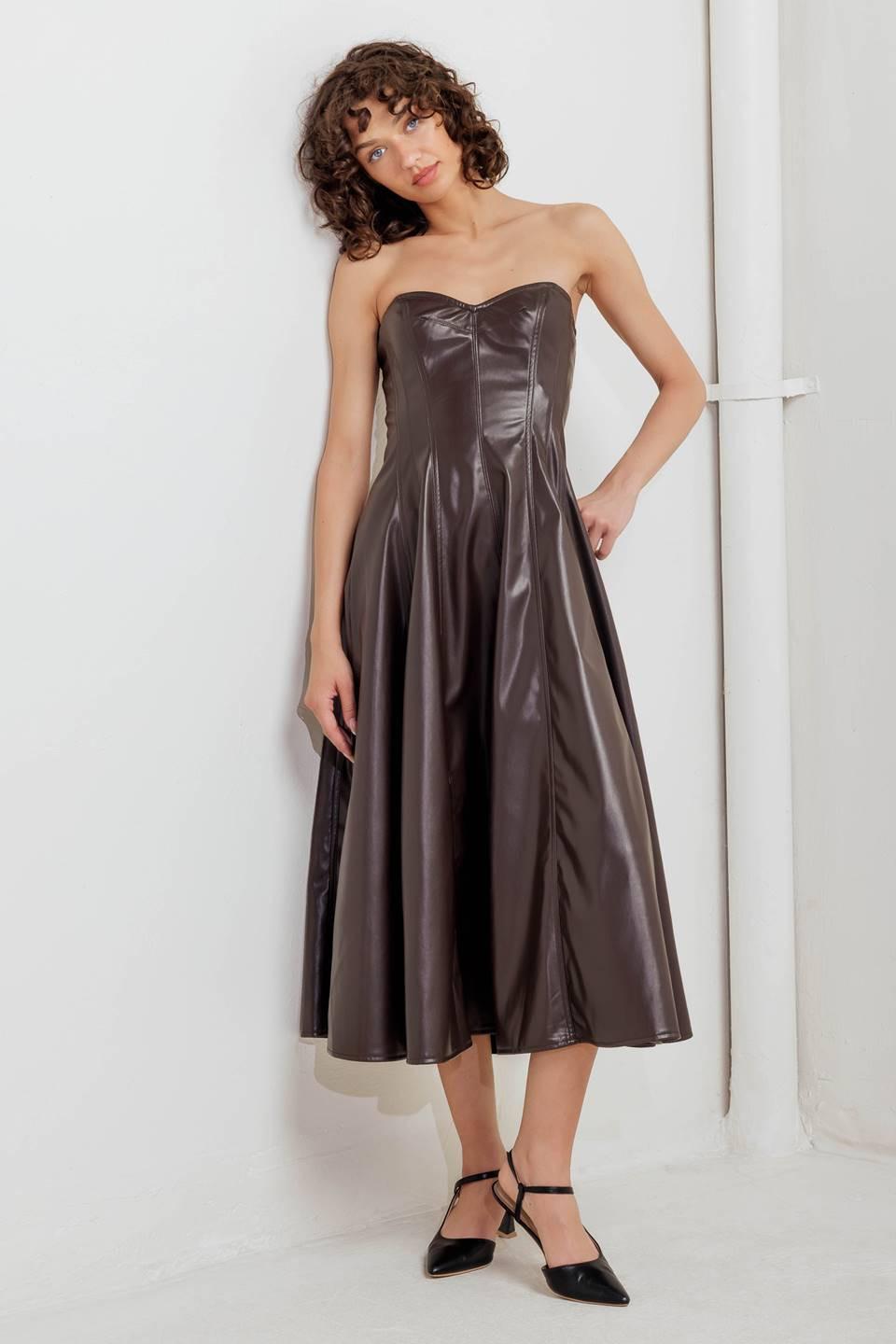 Flying Tomato Espresso Diva faux leather midi dress, chocolate brown, fitted style with long sleeves and sleek design.