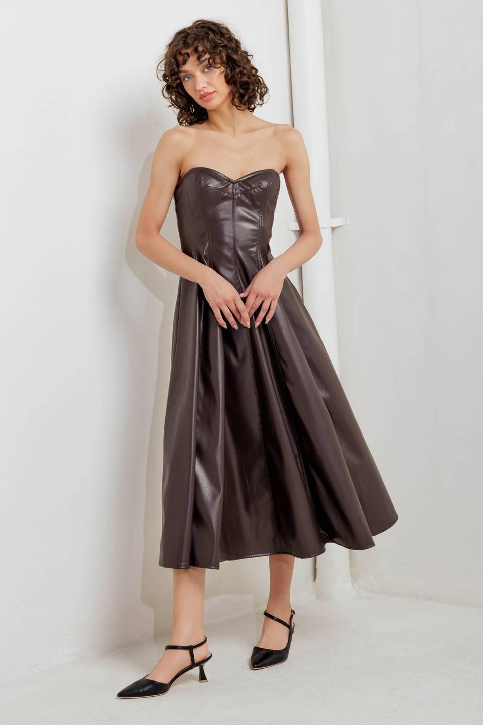 Chocolate faux leather midi dress by Flying Tomato, featuring a sleek, fitted silhouette with stylish details.