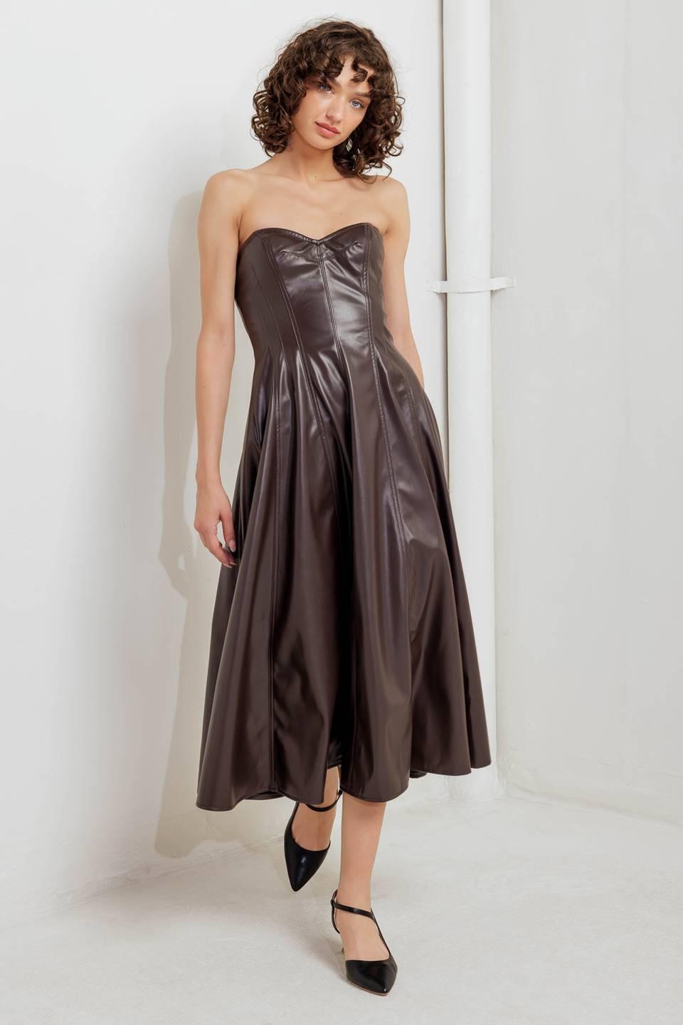 Flying Tomato Espresso Diva faux leather midi dress in chocolate, stylish dress with a sleek, fitted silhouette and elegant length.