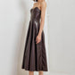 Flying Tomato Espresso Diva faux leather midi dress in chocolate brown, featuring a sleek, fitted silhouette.