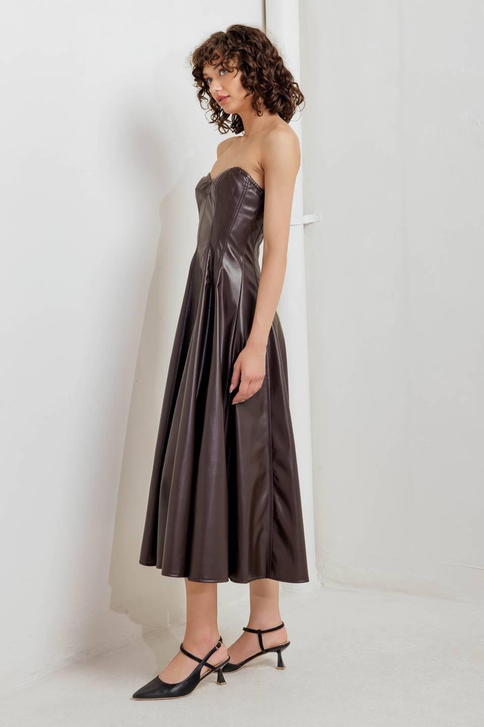 Flying Tomato Espresso Diva faux leather midi dress in chocolate brown, featuring a sleek, fitted silhouette.