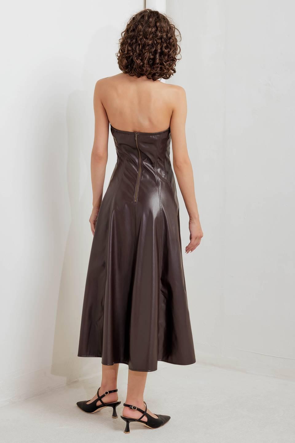 Chocolate brown faux leather midi dress from Flying Tomato's Espresso Diva collection, featuring a sleek, fitted design.