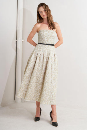 Cream woven midi dress from Flying Tomato's Whisper Leaf collection, featuring a relaxed fit and delicate leaf pattern.