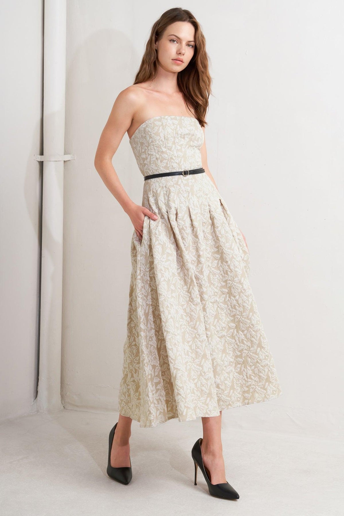 Cream woven midi dress from Flying Tomato's Whisper Leaf collection, featuring a flowy silhouette and leafy pattern.