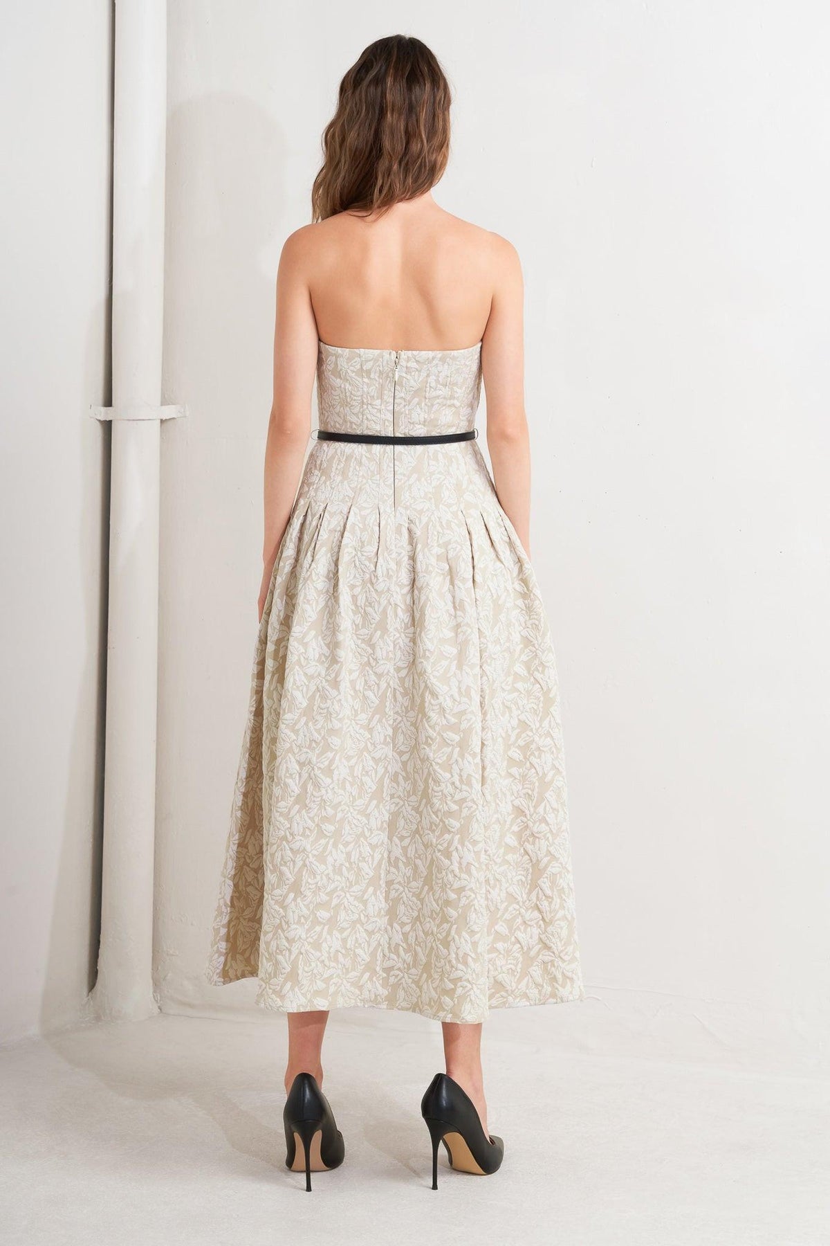 Cream woven midi dress by Flying Tomato featuring a relaxed fit and intricate leaf pattern, perfect for casual or semi-formal wear.