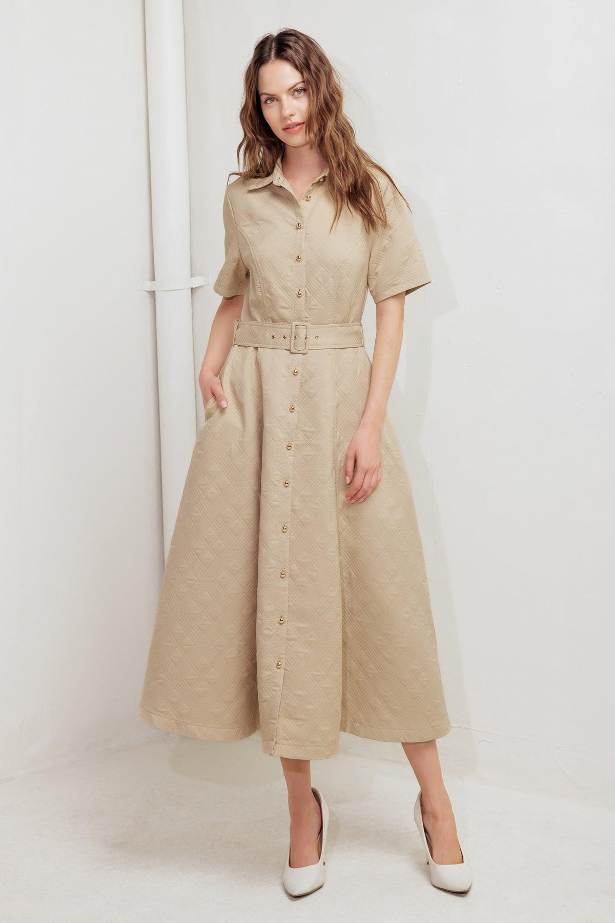 Taupe woven midi dress from Flying Tomato with a neutral chic design, featuring a relaxed fit and stylish details.