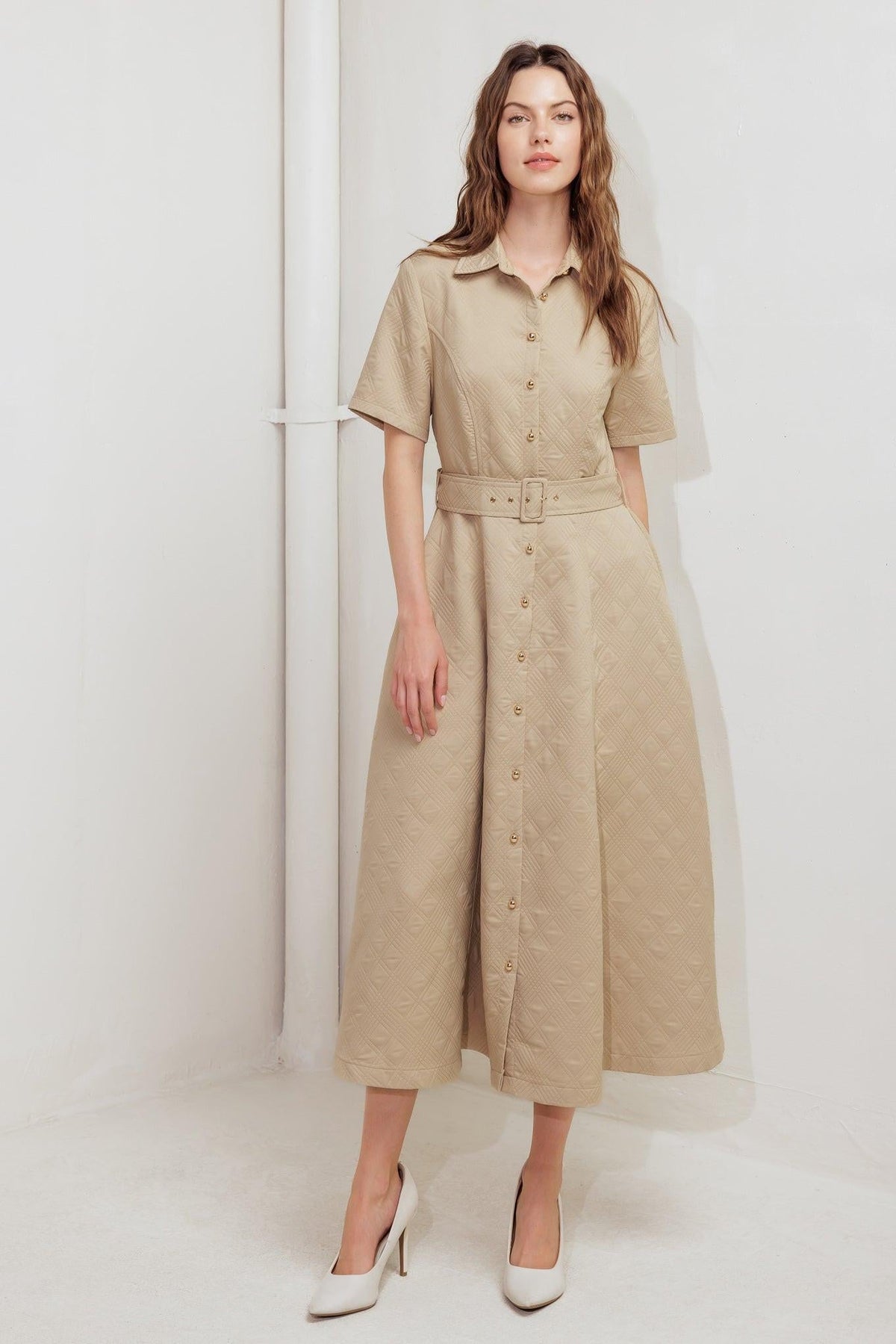 Neutral chic woven midi dress by Flying Tomato featuring taupe fabric and a flowing, elegant silhouette.