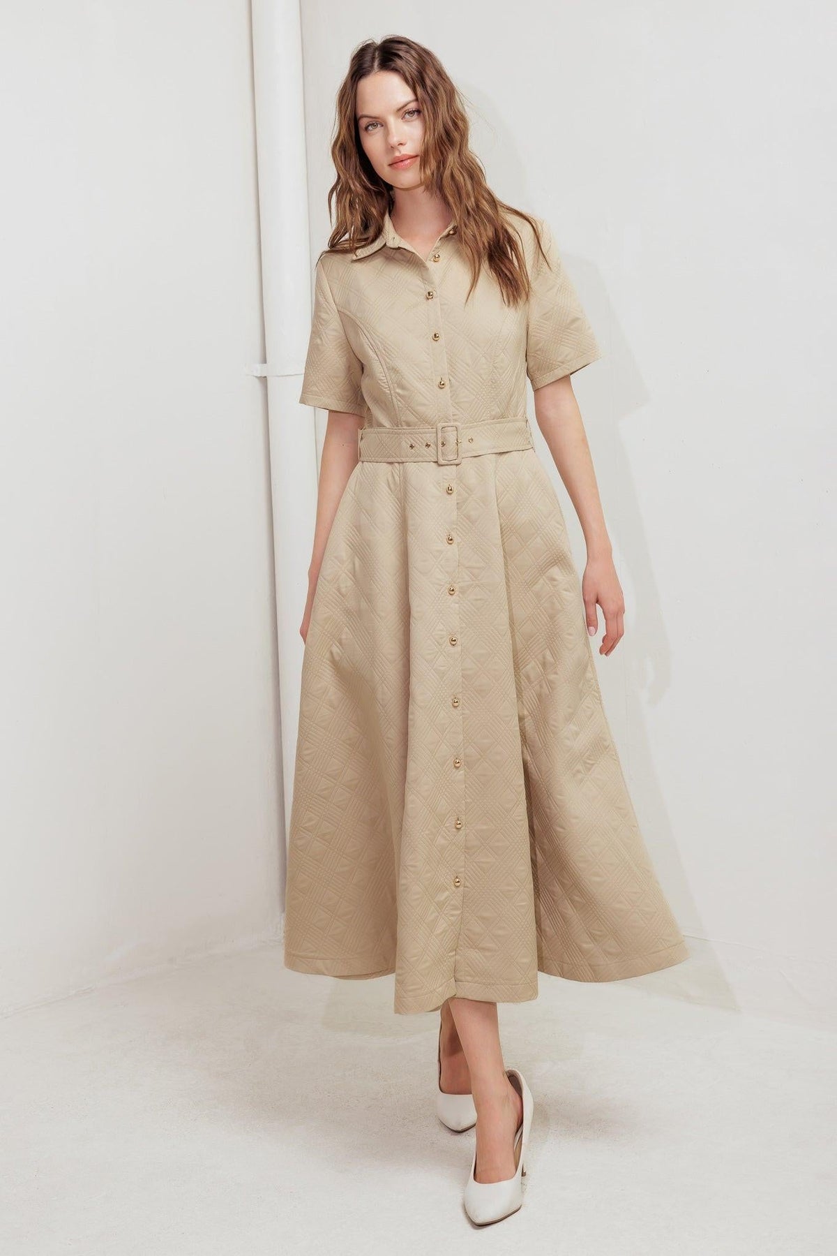 Neutral chic woven midi dress by Flying Tomato, taupe color, featuring a stylish, flowy fabric and elegant design.