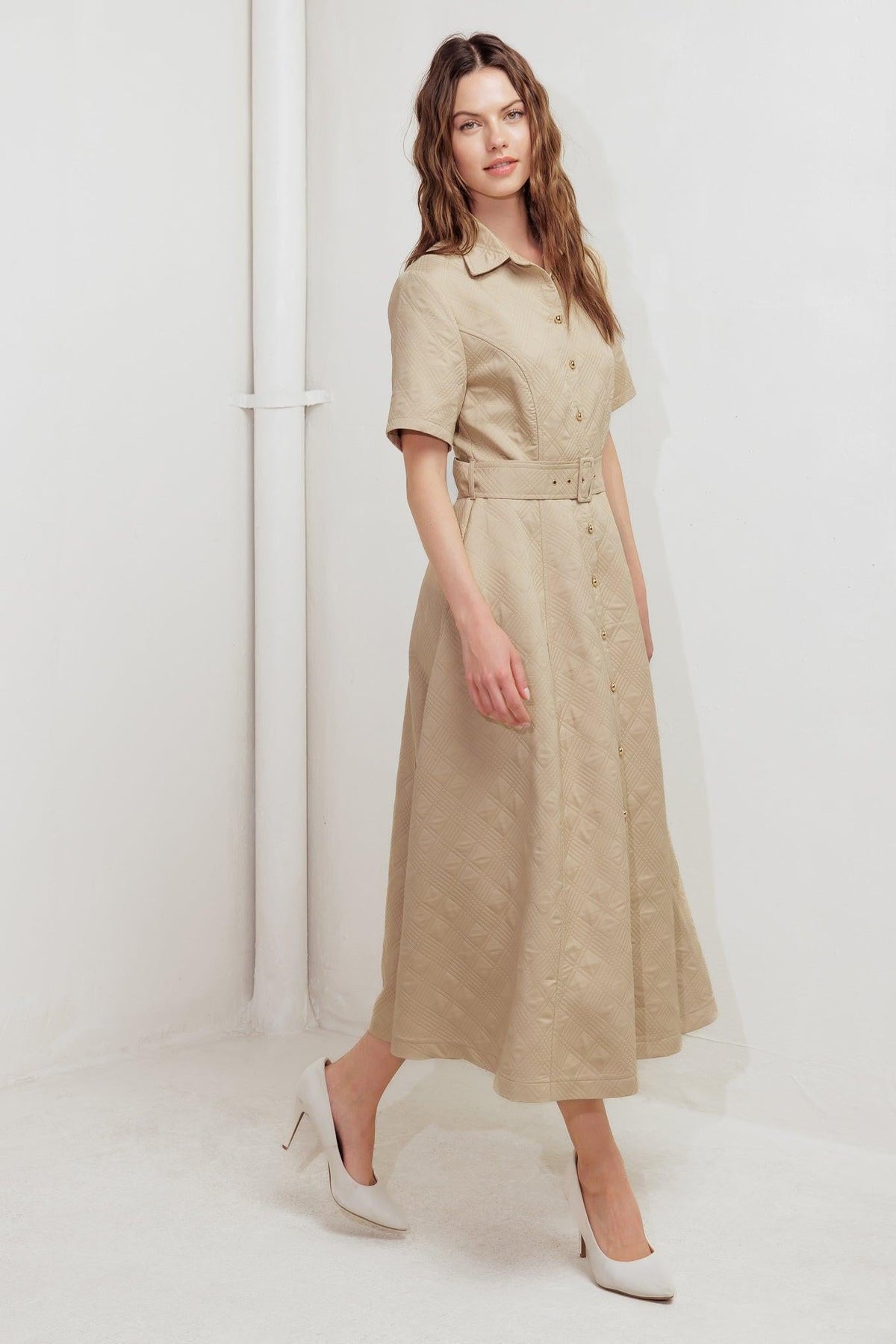 Flying Tomato neutral chic woven midi dress in taupe, featuring a stylish, flowing design perfect for casual or dressy occasions.