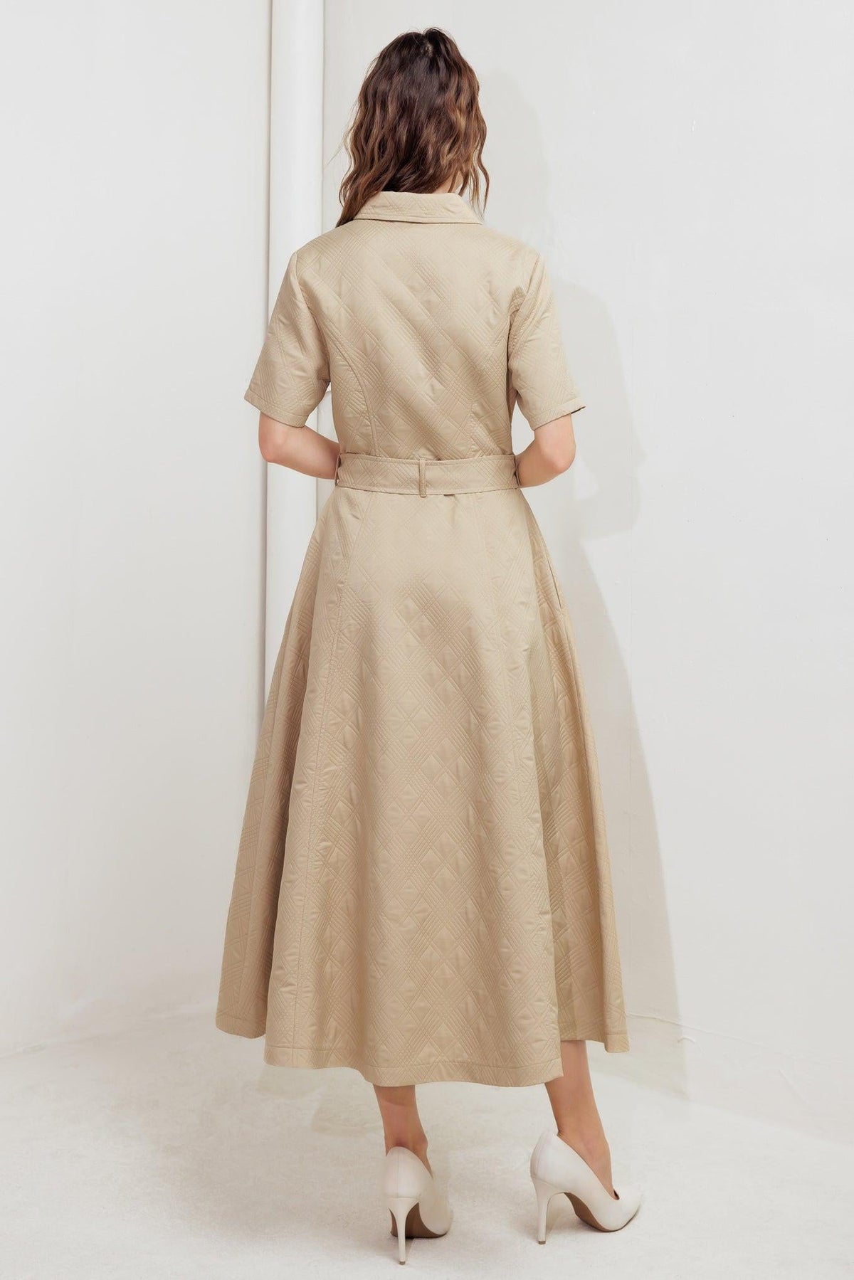 Flying Tomato neutral chic woven midi dress in taupe, featuring a stylish, flowing fabric with a relaxed fit.
