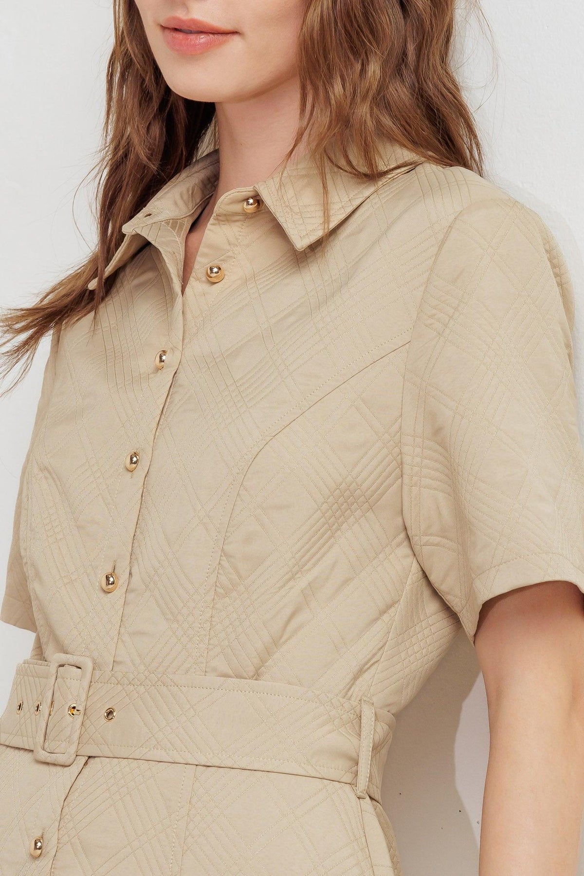 Taupe woven midi dress by Flying Tomato, neutral chic style, with a flowing silhouette and subtle textured fabric.