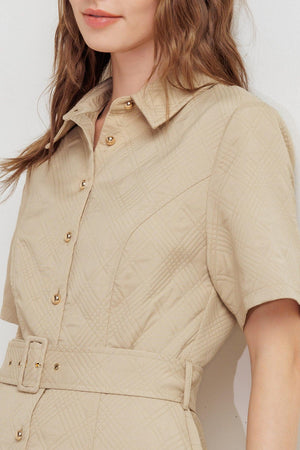 Taupe woven midi dress by Flying Tomato, neutral chic style, with a flowing silhouette and subtle textured fabric.