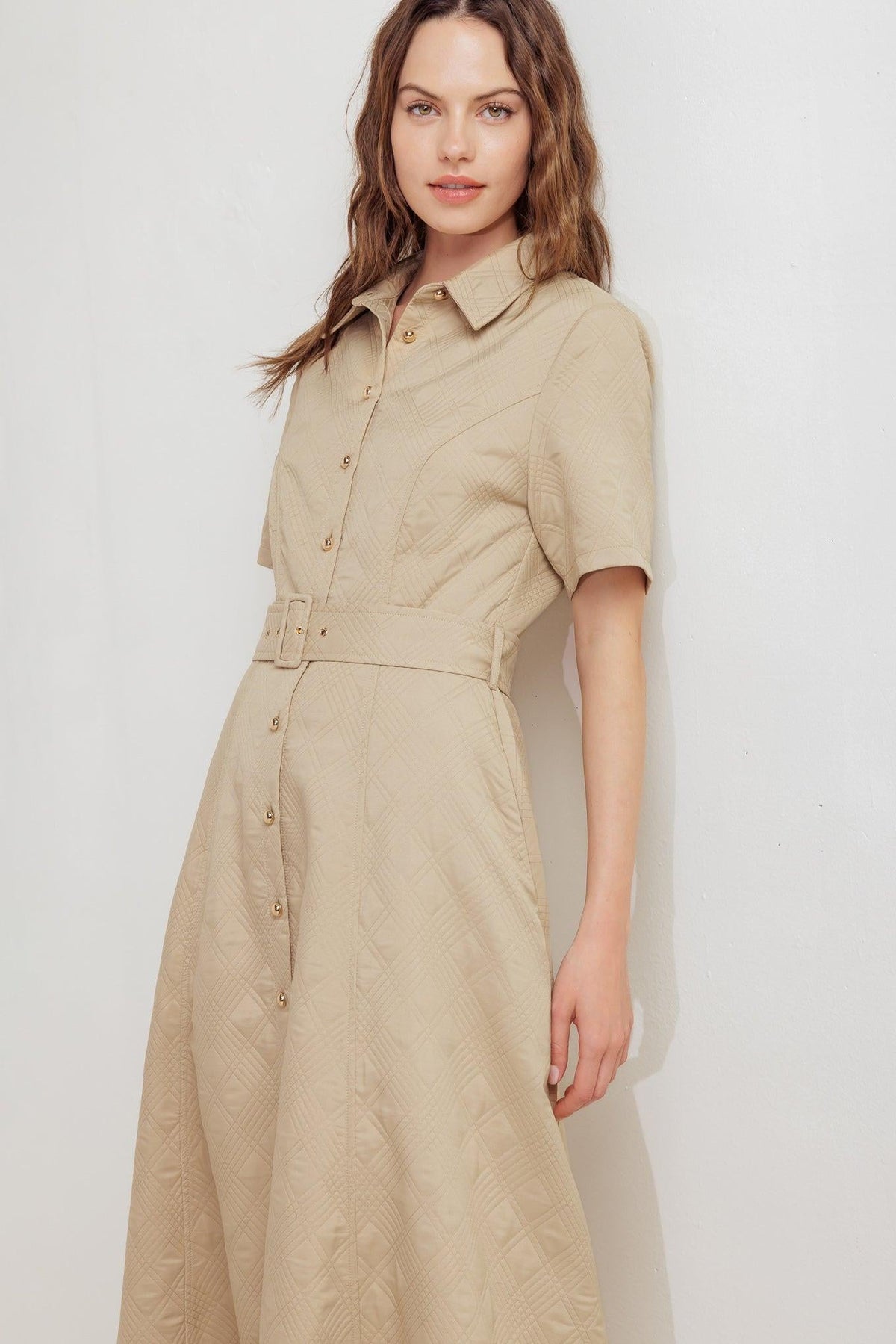 Flying Tomato neutral chic woven midi dress in taupe, featuring a flowy fabric and stylish design perfect for casual or semi-formal wear.