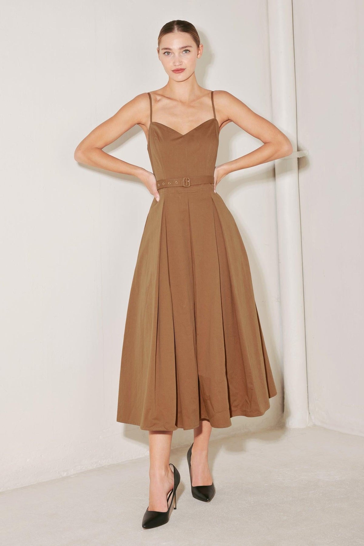 Flying Tomato Sunset Silhouette woven midi dress in brown with a flowing, sleeveless design and intricate woven pattern.