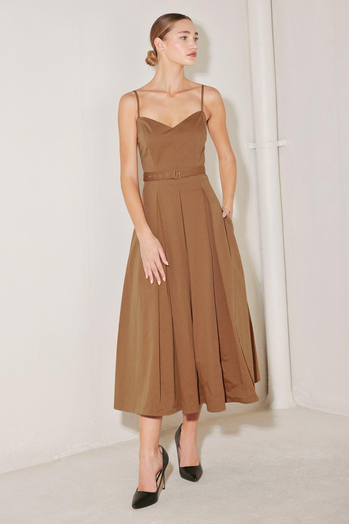 Flying Tomato sunset silhouette woven midi dress in brown, featuring a relaxed fit and bohemian style.