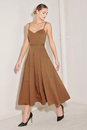 Flying Tomato sunset silhouette woven midi dress in brown featuring a flowing, patterned design and lightweight fabric.