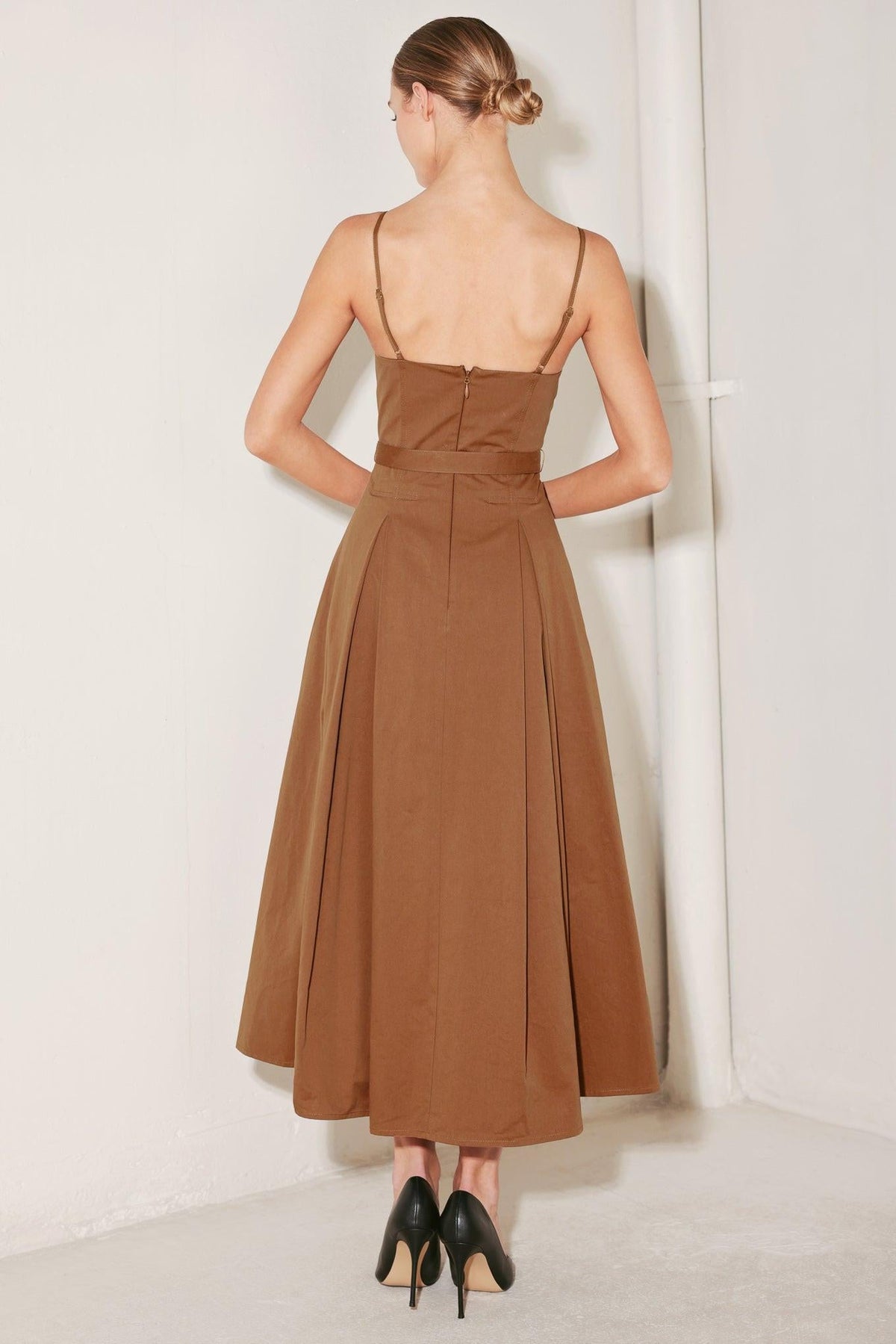 Flying Tomato sunset silhouette woven midi dress in brown, featuring a flowing design and intricate woven details.