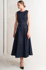 Dark denim midi dress by Flying Tomato featuring a modern design with a fitted waist and sleeveless style.