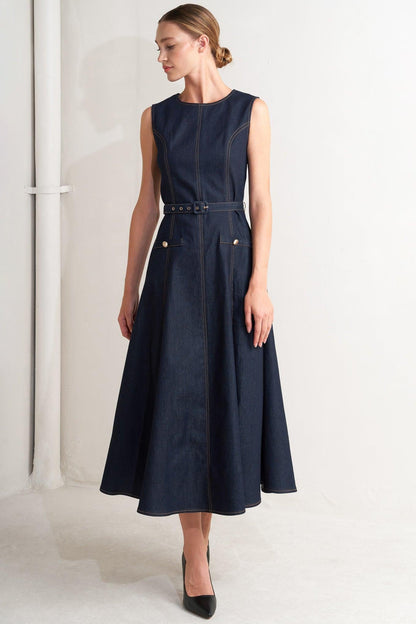 Dark denim midi dress by Flying Tomato featuring a modern design with a fitted waist and sleeveless style.
