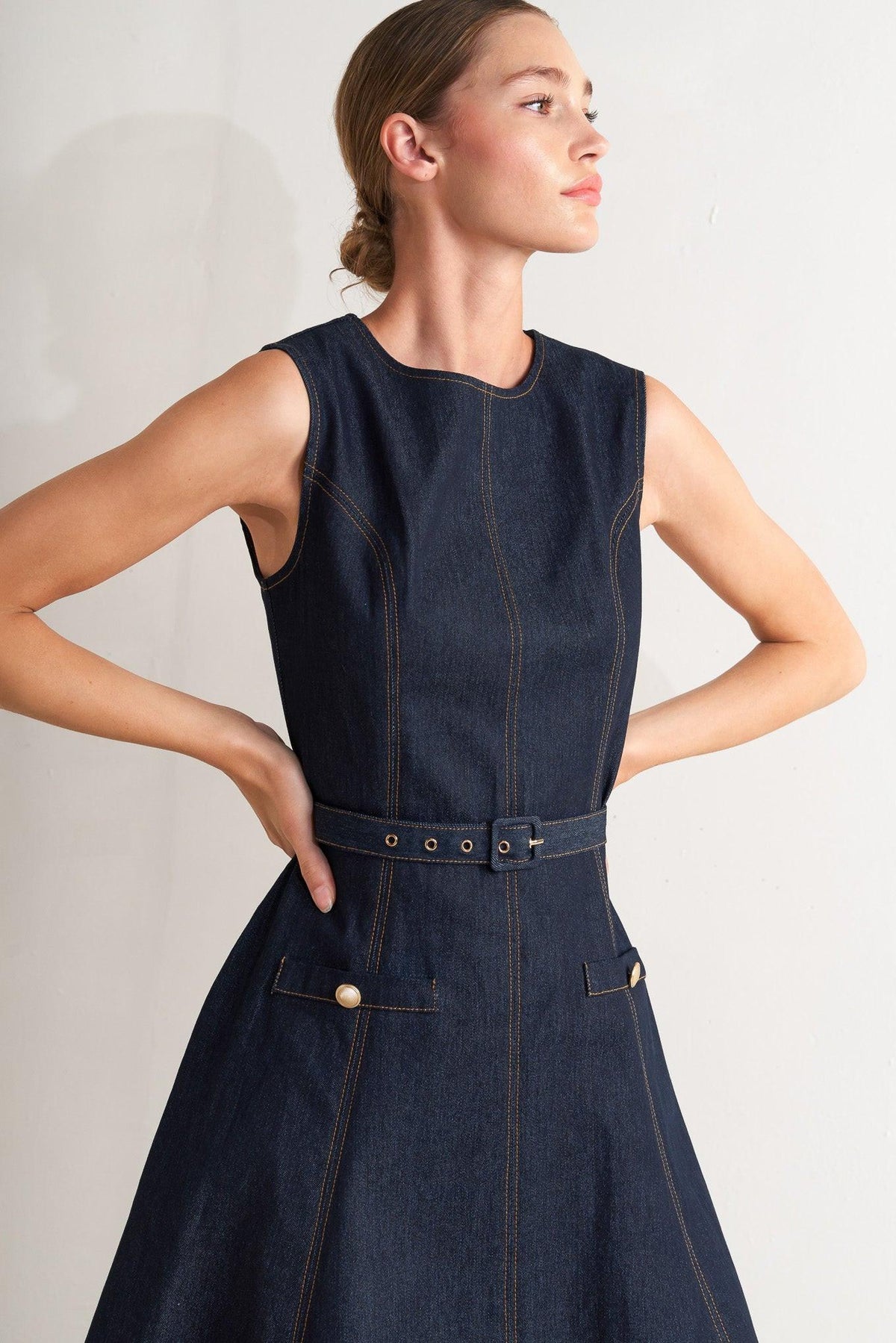 Dark denim midi dress by Flying Tomato featuring a modern, sleek design and a fitted silhouette.