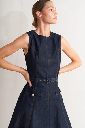 Dark denim midi dress by Flying Tomato featuring a modern, sleek design and a fitted silhouette.