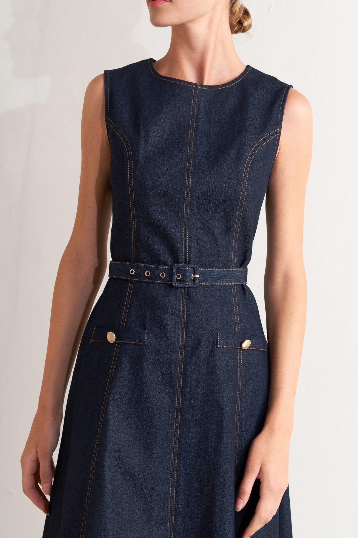 Flying Tomato modern dark denim midi dress displayed on a hanger, showcasing its sleek design and length.