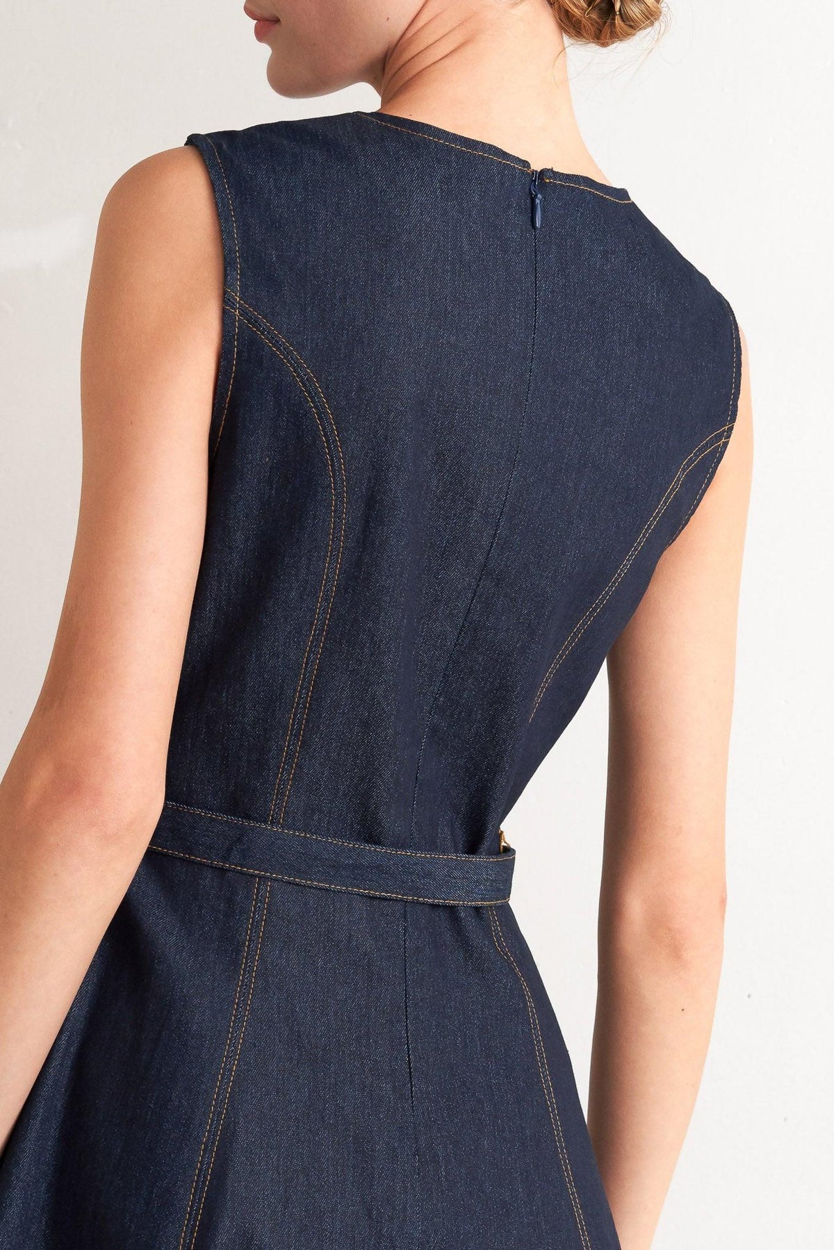 Flying Tomato dark denim midi dress with a modern design, featuring a fitted bodice and flowing skirt.