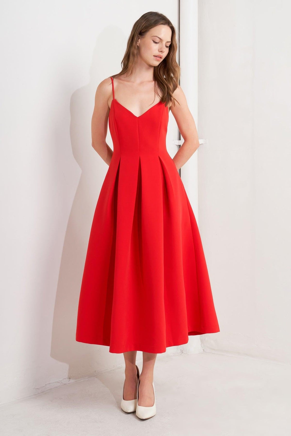 Flying Tomato Ruby Affair woven midi dress in vibrant red with a flowing silhouette, featuring intricate woven fabric details.