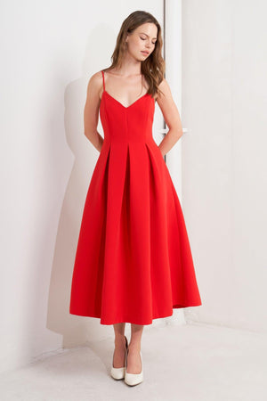 Flying Tomato Ruby Affair woven midi dress in vibrant red with a flowing silhouette, featuring intricate woven fabric details.