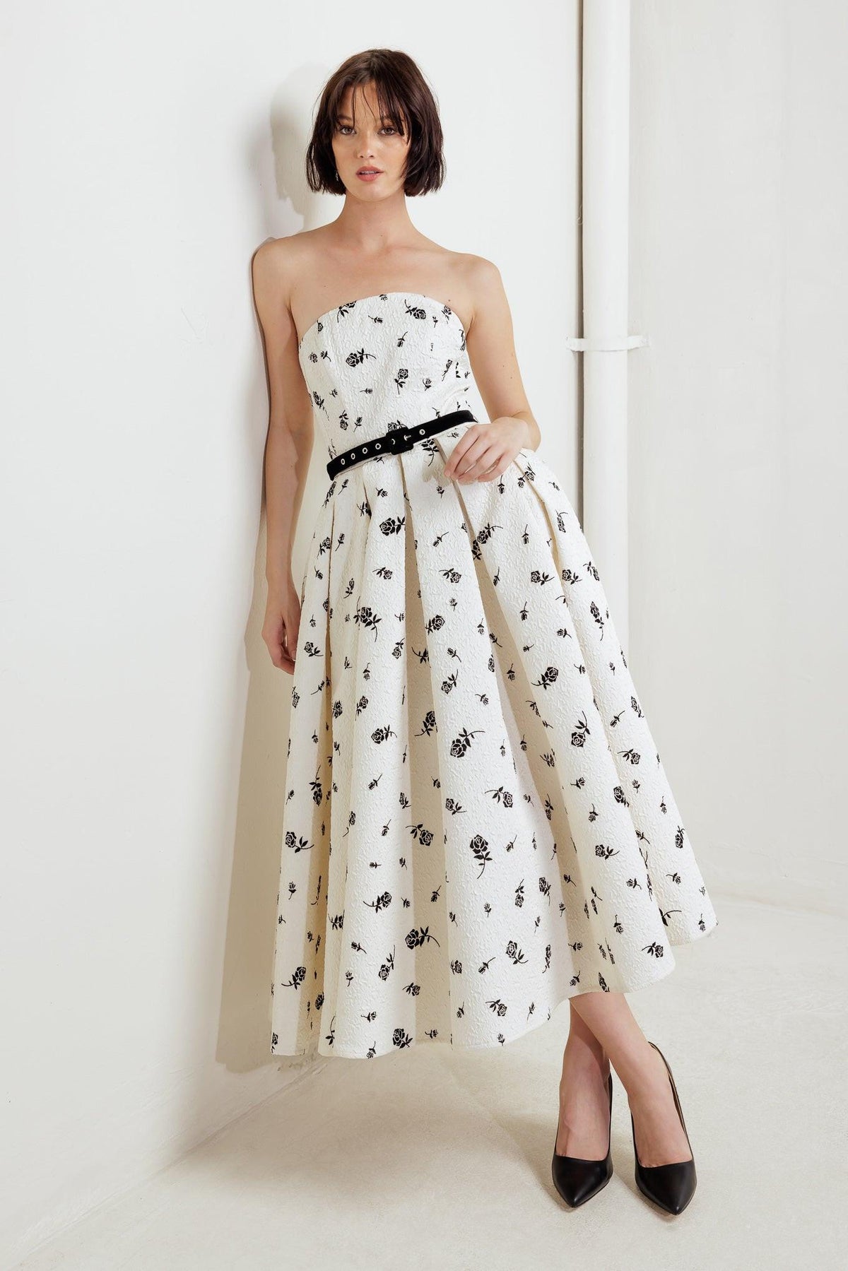 Flying Tomato cultivated woven midi dress in cream and black, featuring a stylish, textured fabric and elegant midi length.