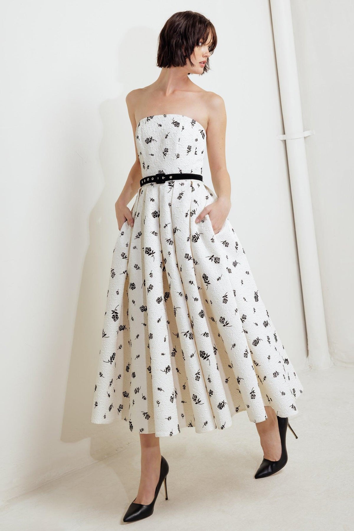 Flying Tomato cultivated woven midi dress in cream and black, featuring a stylish, flowy design perfect for casual or semi-formal wear.