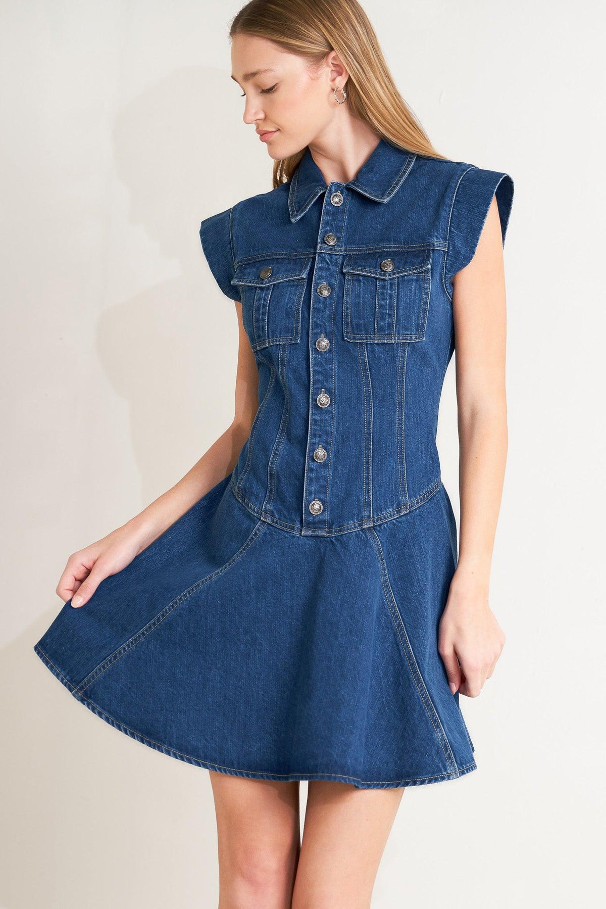 Blue Crush Denim Mini Dress by Flying Tomato, indigo denim fabric, fitted sleeveless style, front button closure, casual summer dress.