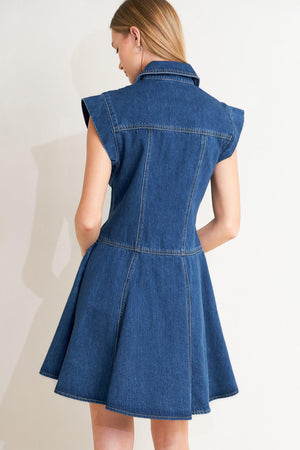 Flying Tomato blue crush denim mini dress, sleeveless with a fitted bodice and flared skirt, styled for casual wear.