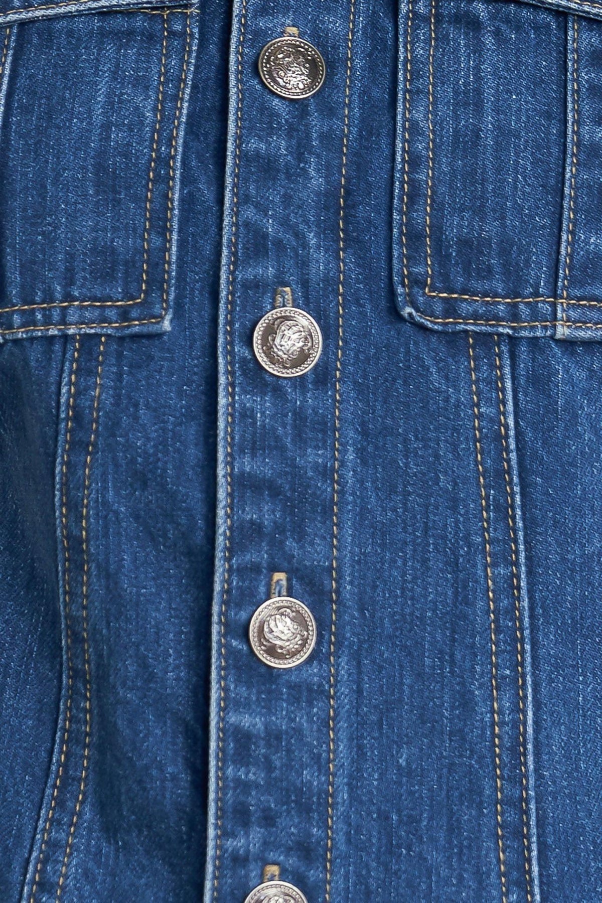 Flying Tomato blue crush denim mini dress with long sleeves and a fitted silhouette, displayed on a hanger against a plain background.