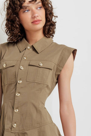 Flying Tomato Mission Muse woven mini dress in mocha, featuring a stylish sleeveless design and intricate fabric pattern.