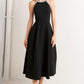 Black Galaxy Charm Woven Midi Dress by Flying Tomato, featuring a stylish midi length and intricate woven fabric details.