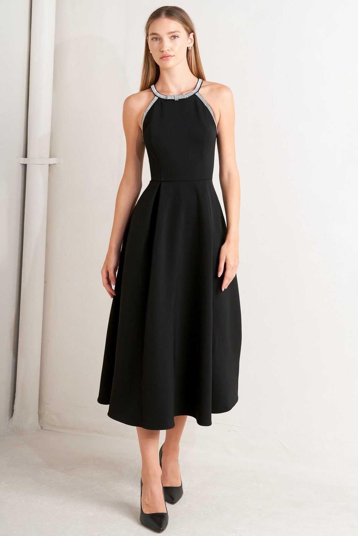 Black Galaxy Charm Woven Midi Dress by Flying Tomato, featuring a stylish midi length and intricate woven fabric details.