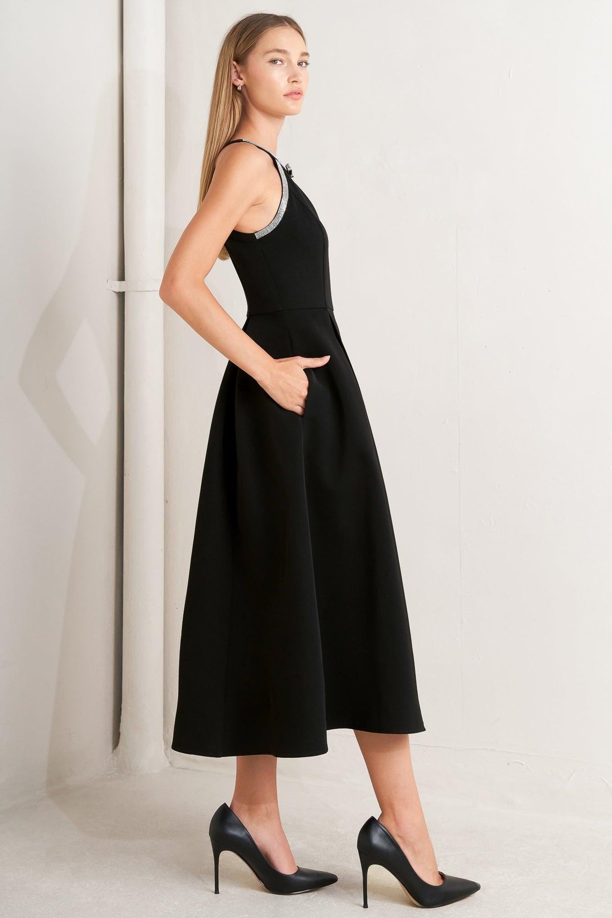 Flying Tomato Galaxy Charm Woven Midi Dress in black, featuring a stylish, flowy design with intricate woven details.