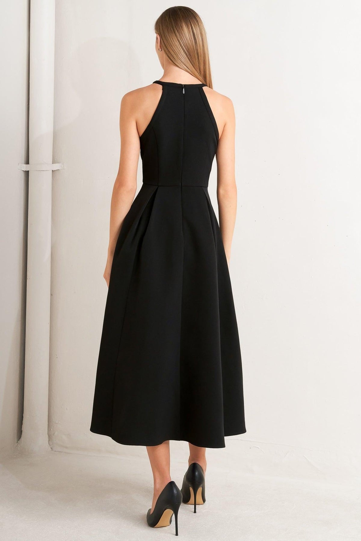 Flying Tomato Galaxy Charm woven midi dress in black with a flowy silhouette and intricate pattern, perfect for casual or semi-formal wear.