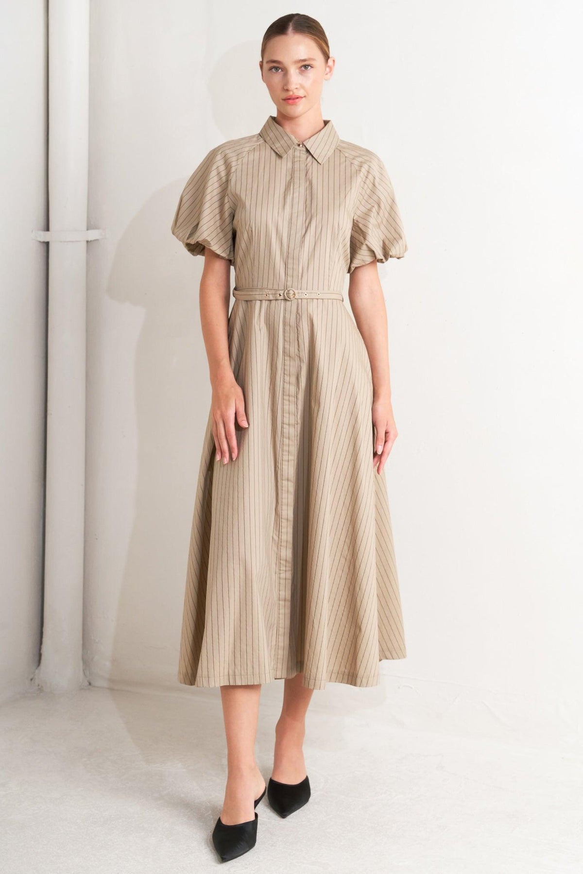 Flying Tomato classic neutral woven midi dress in taupe, featuring a flowing design and lightweight fabric.