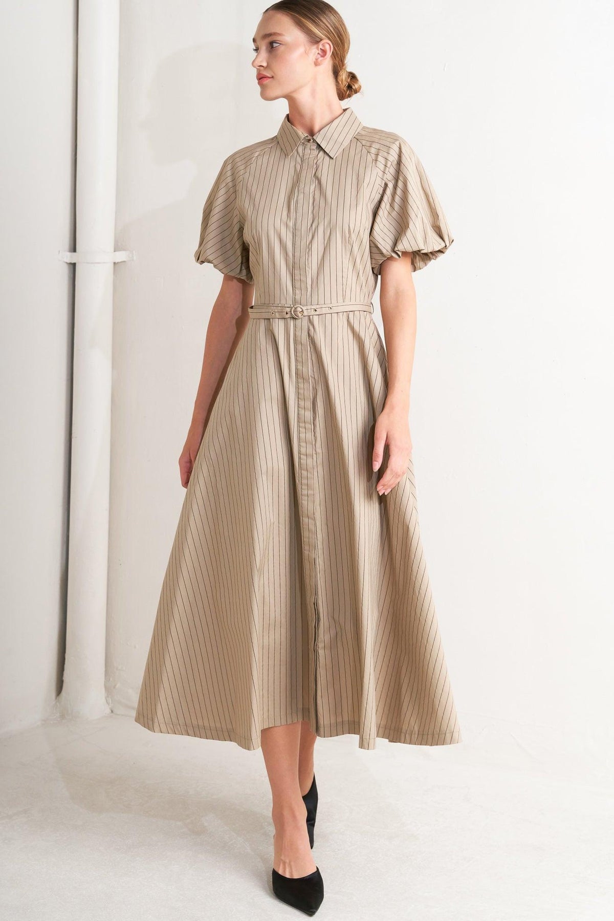 Flying Tomato classic neutral woven midi dress in taupe, featuring a stylish and comfortable design perfect for casual wear.