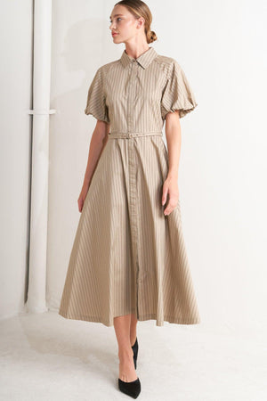 Flying Tomato classic neutral woven midi dress in taupe, featuring a stylish and comfortable design perfect for casual wear.