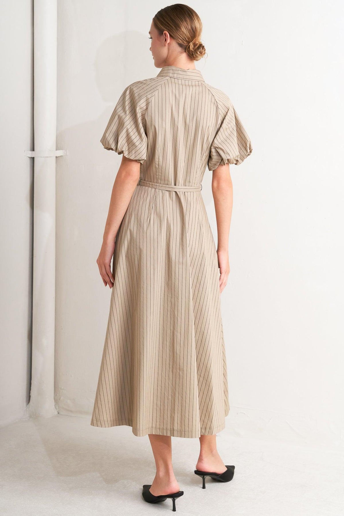 Flying Tomato classic neutral woven midi dress in taupe, showcasing the lightweight fabric and elegant midi length.