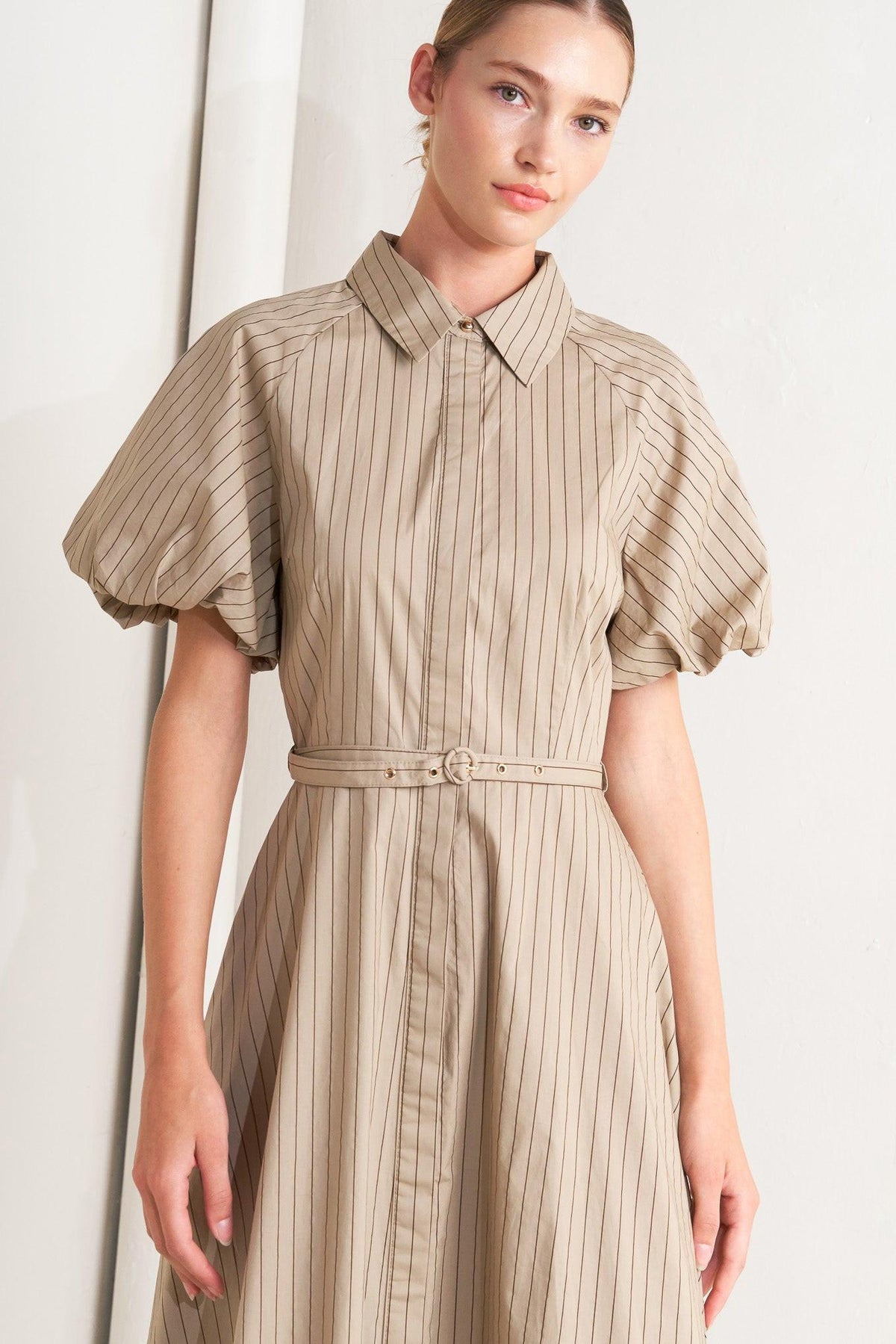 Flying Tomato classic neutral woven midi dress in taupe, featuring a relaxed fit and elegant design for versatile styling.