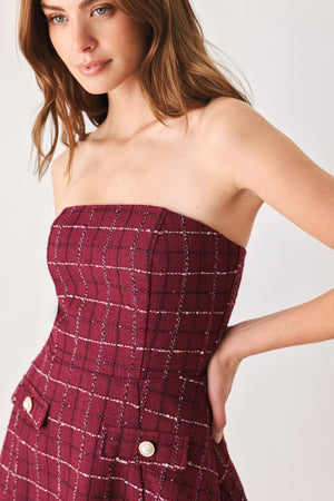 TWEED DOLL WINE WOVEN MINI DRESS