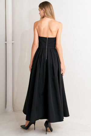 Flying Tomato GALA NOIR woven midi dress in black, featuring a stylish, flowing design and intricate woven fabric.